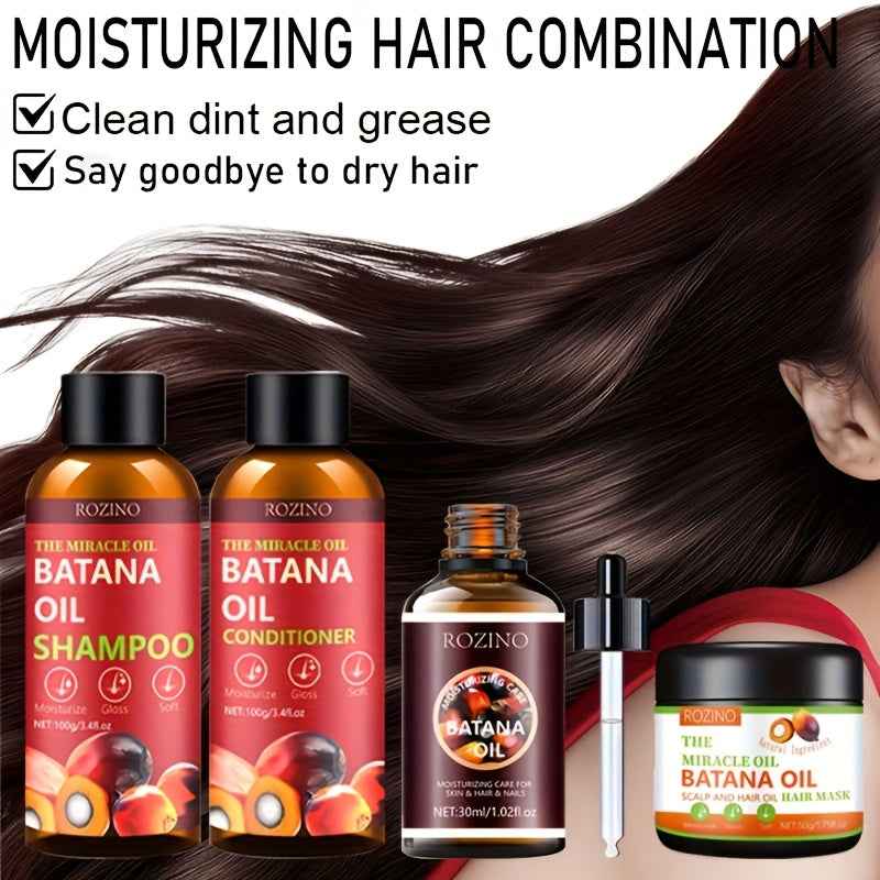[Natural Batana Hair Care] Four Piece Batana Hair Care Set - Rich in Natural Batana Oil, Deep Cleansing, Gentle and Non Irritating, Making Hair Long-Lasting, Fragrant, Fluffy, Smooth, Hydrated, and More Shiny, Light and Easy
