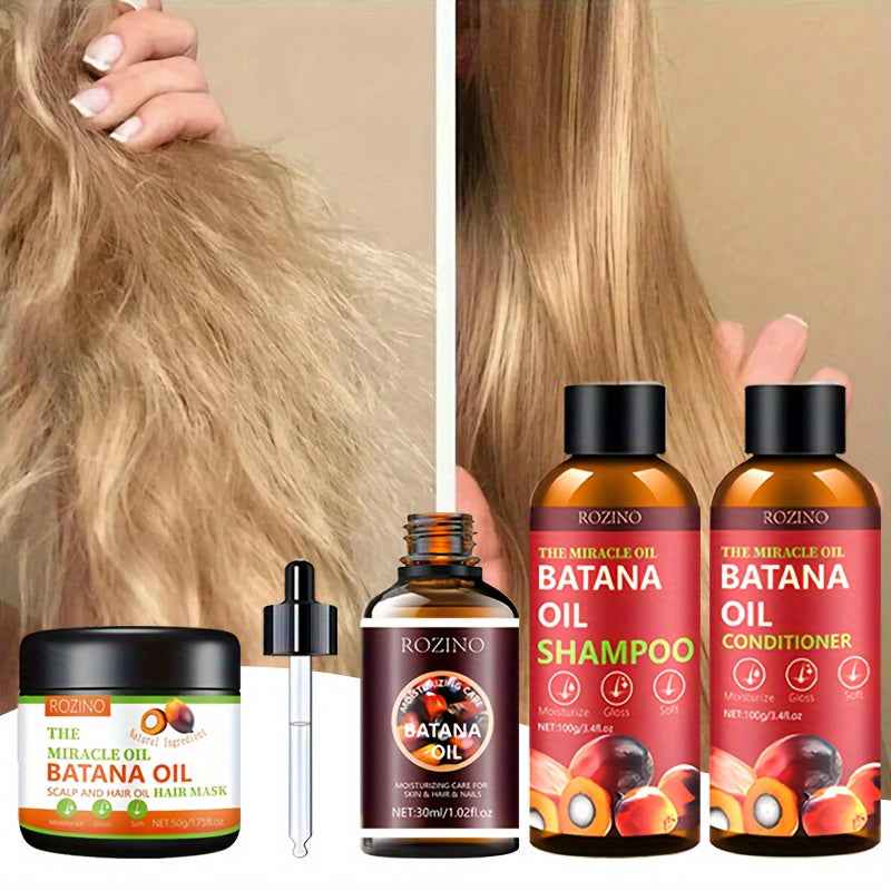 [Natural Batana Hair Care] Four Piece Batana Hair Care Set - Rich in Natural Batana Oil, Deep Cleansing, Gentle and Non Irritating, Making Hair Long-Lasting, Fragrant, Fluffy, Smooth, Hydrated, and More Shiny, Light and Easy