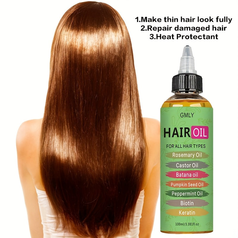 [Smoothing Hair Oil] Moisturizing & Smoothing 100ml Rosemary Hair Oil | Contains Castor Oil, Batana Oil, Pumpkin Seed Oil, Peppermint Oil, Biotin, Keratin, Leave-in conditioner, Strengthen Hair, Anti-Frizz for All Hair Types,