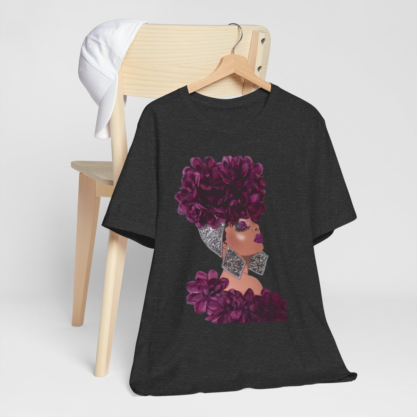Floral Crown Fashion Tee — Glam Portrait Shirt with Purple Bloom Design