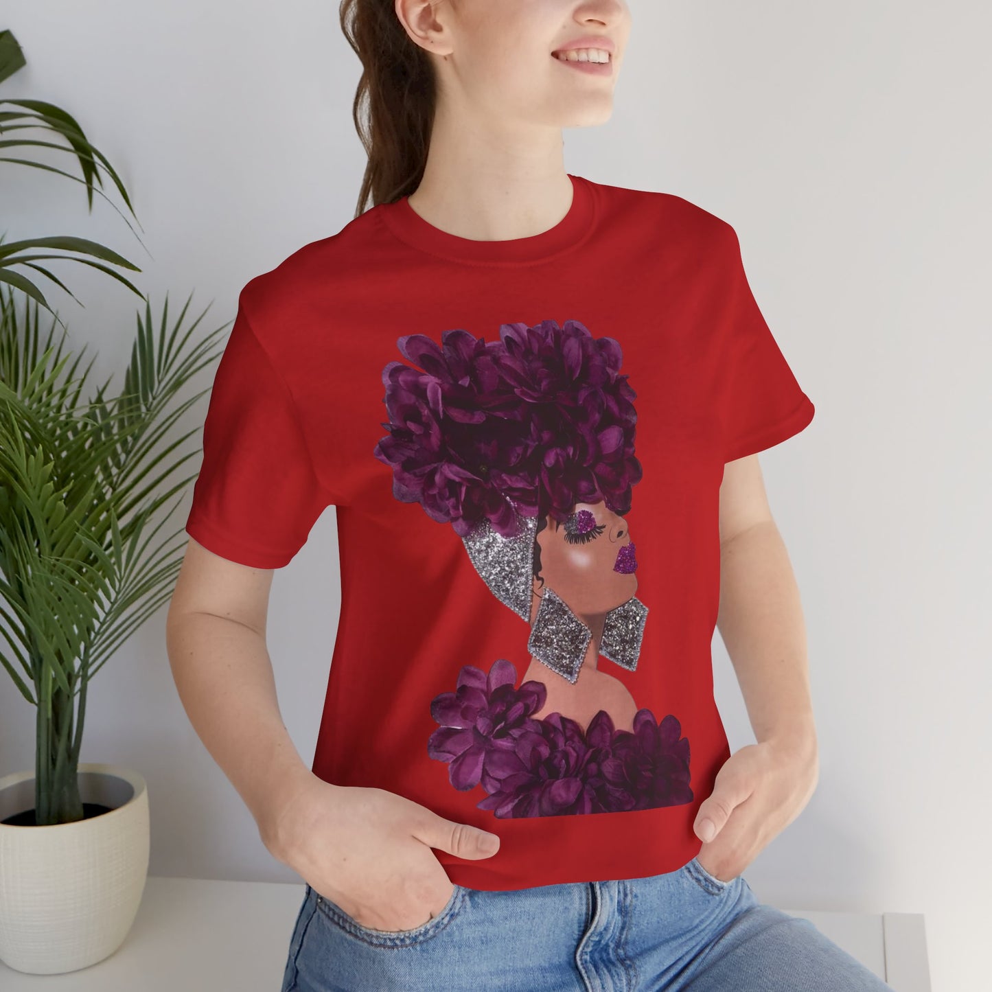 Floral Crown Fashion Tee — Glam Portrait Shirt with Purple Bloom Design
