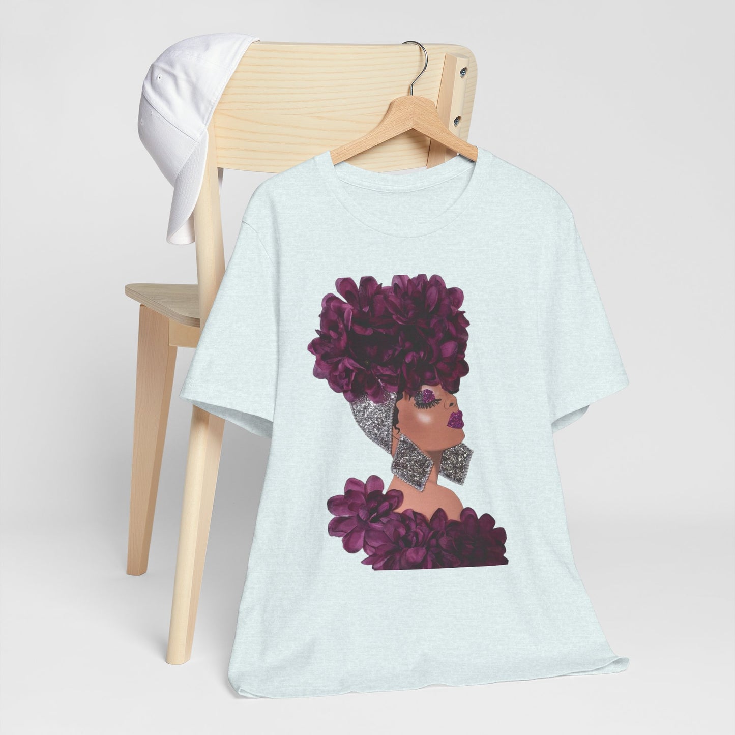 Floral Crown Fashion Tee — Glam Portrait Shirt with Purple Bloom Design