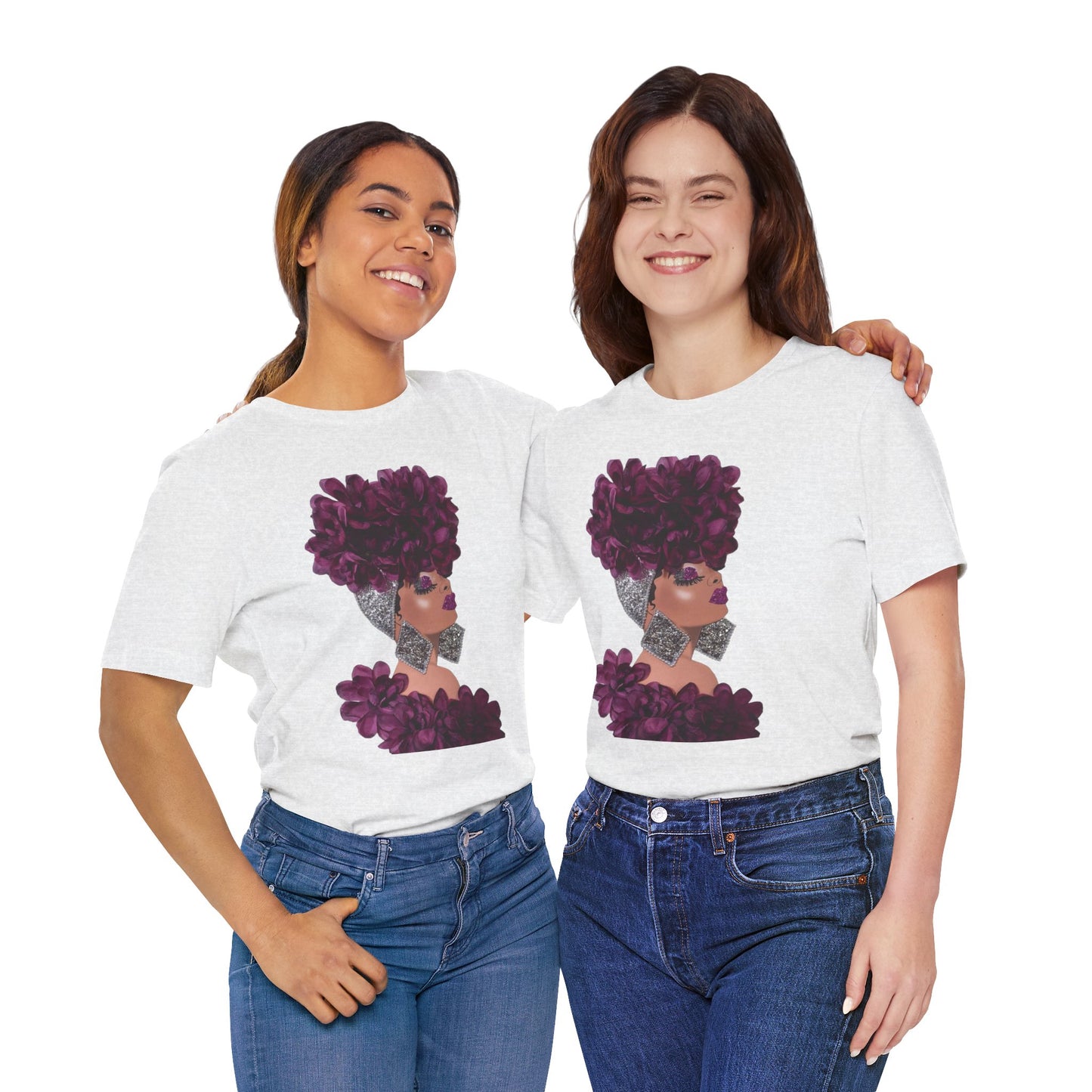 Floral Crown Fashion Tee — Glam Portrait Shirt with Purple Bloom Design