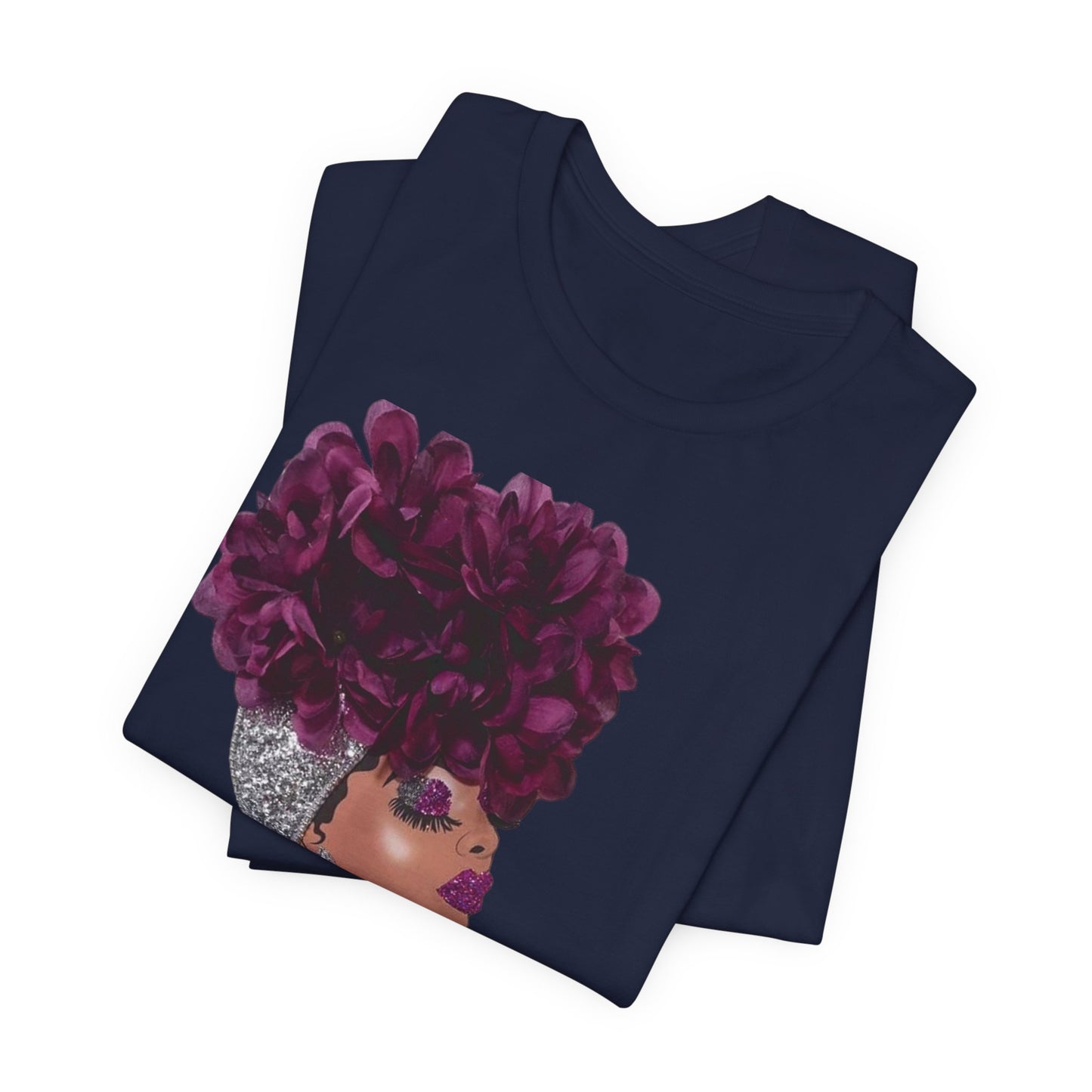Floral Crown Fashion Tee — Glam Portrait Shirt with Purple Bloom Design