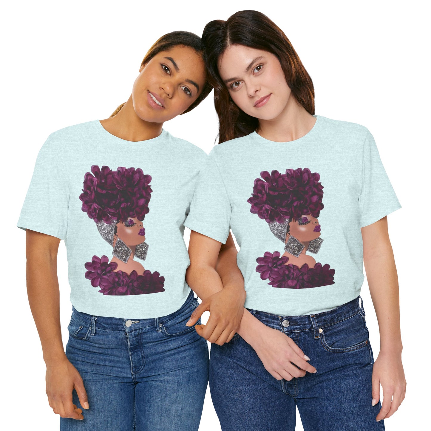 Floral Crown Fashion Tee — Glam Portrait Shirt with Purple Bloom Design