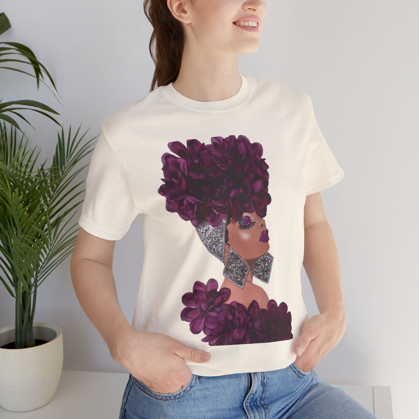 Floral Crown Fashion Tee — Glam Portrait Shirt with Purple Bloom Design