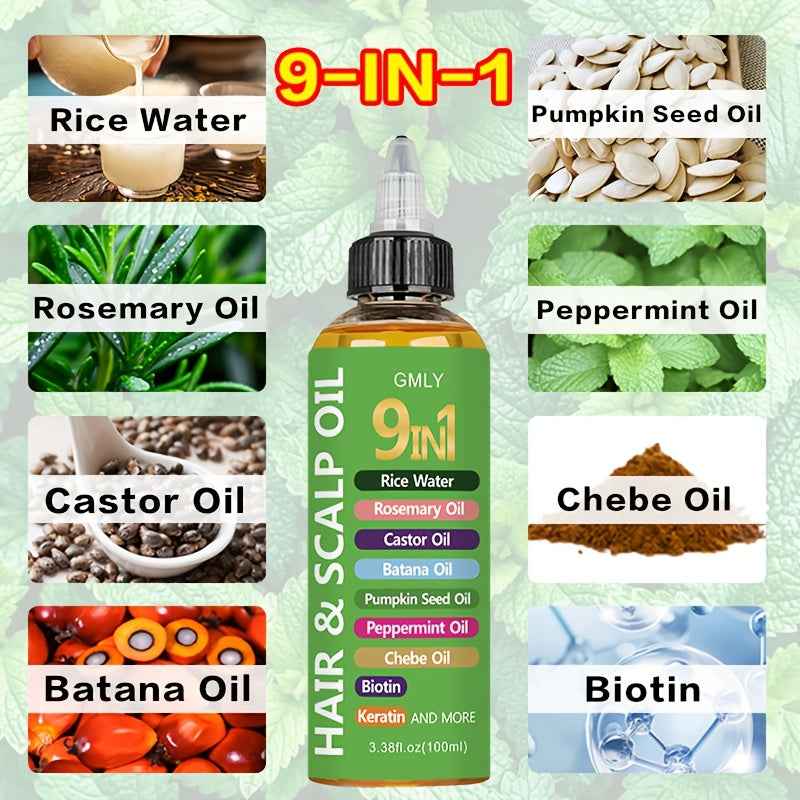 [9-in-1 Hair Oil] 9-in-1 Hair Oil with Rice Water, Rosemary Oil, Castor Oil, Batana Oil, Pumpkin Seed Oil, Peppermint Oil, Chebe Oil, Biotin, Keratin | Moisturizing Smoothness for All Hair Types, Split Ends, Deter Hair Breaka