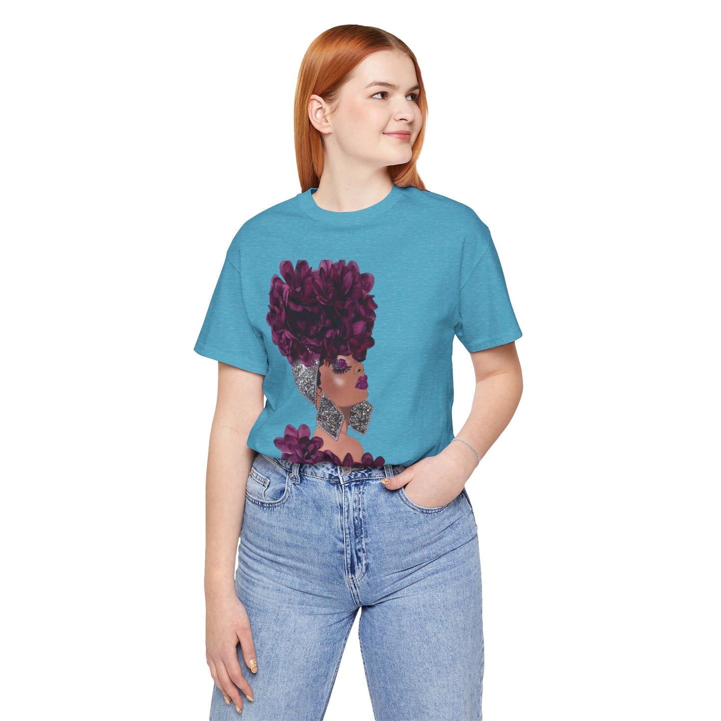 Floral Crown Fashion Tee — Glam Portrait Shirt with Purple Bloom Design