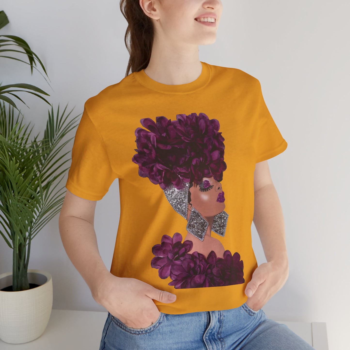 Floral Crown Fashion Tee — Glam Portrait Shirt with Purple Bloom Design
