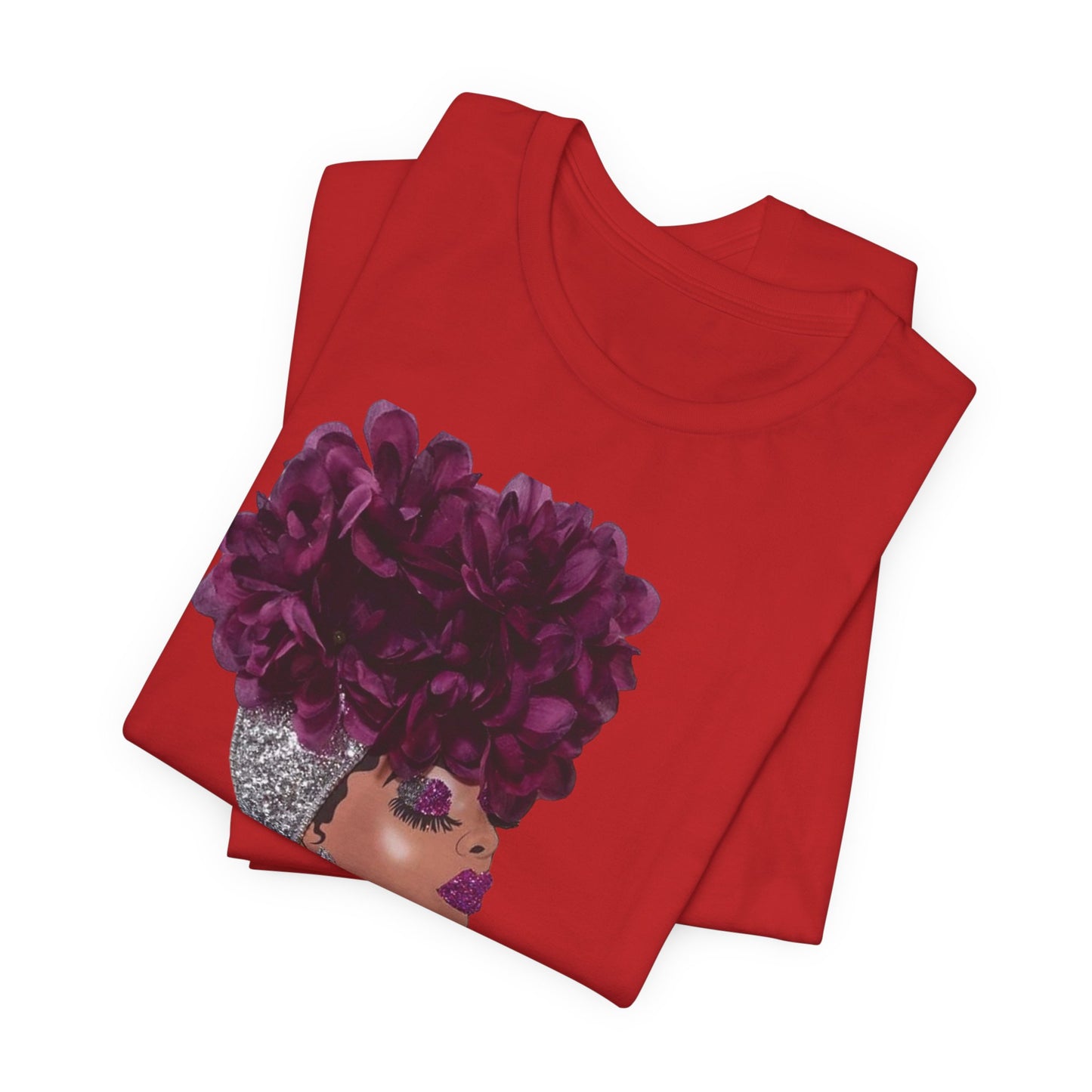 Floral Crown Fashion Tee — Glam Portrait Shirt with Purple Bloom Design