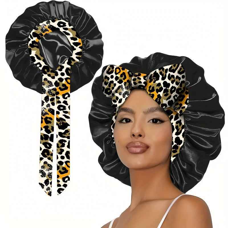 [Bohemian Bonnet] 1pc Soft Polyester Bohemian Style Adjustable Satin Bonnet | Long Ribbons, Sleep Cap, Fashionable Hair Care Bath Hat | No Fragrance