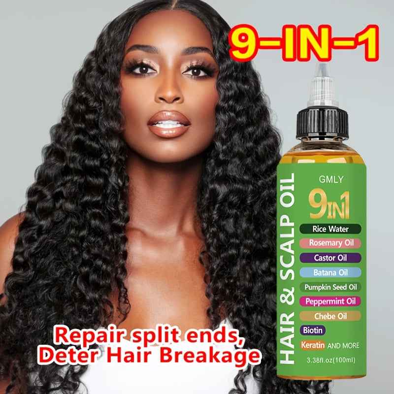 [9-in-1 Hair Oil] 9-in-1 Hair Oil with Rice Water, Rosemary Oil, Castor Oil, Batana Oil, Pumpkin Seed Oil, Peppermint Oil, Chebe Oil, Biotin, Keratin | Moisturizing Smoothness for All Hair Types, Split Ends, Deter Hair Breaka