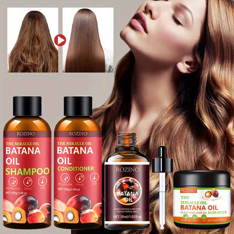 [Natural Batana Hair Care] Four Piece Batana Hair Care Set - Rich in Natural Batana Oil, Deep Cleansing, Gentle and Non Irritating, Making Hair Long-Lasting, Fragrant, Fluffy, Smooth, Hydrated, and More Shiny, Light and Easy
