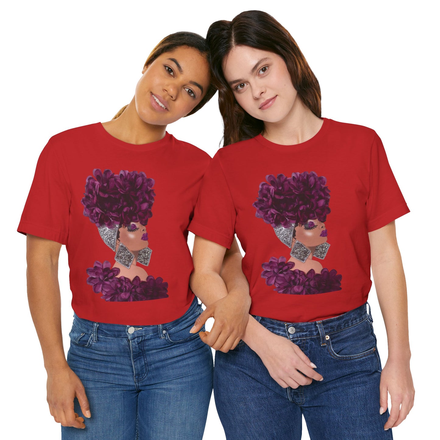 Floral Crown Fashion Tee — Glam Portrait Shirt with Purple Bloom Design