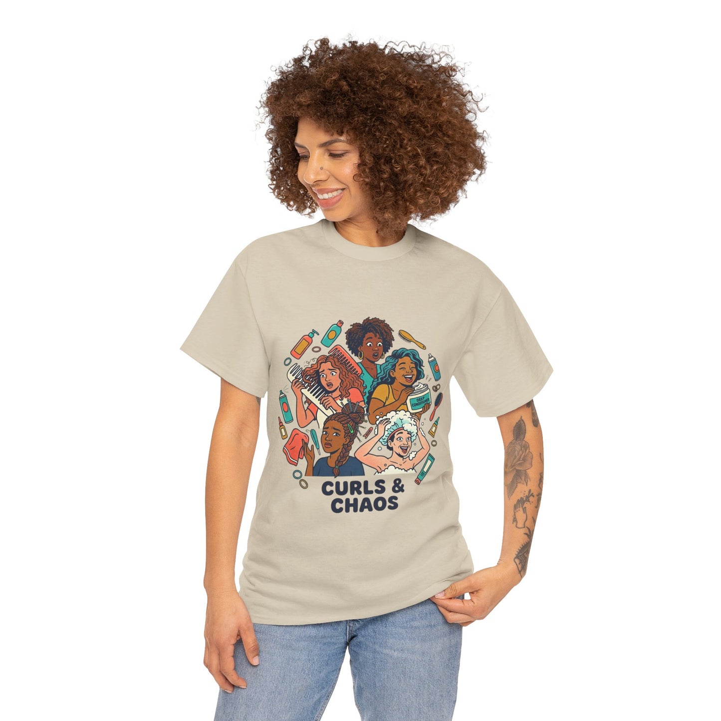 Curls & Chaos T-Shirt — Diverse Natural Hair Graphic Tee for Curly Hair Lovers