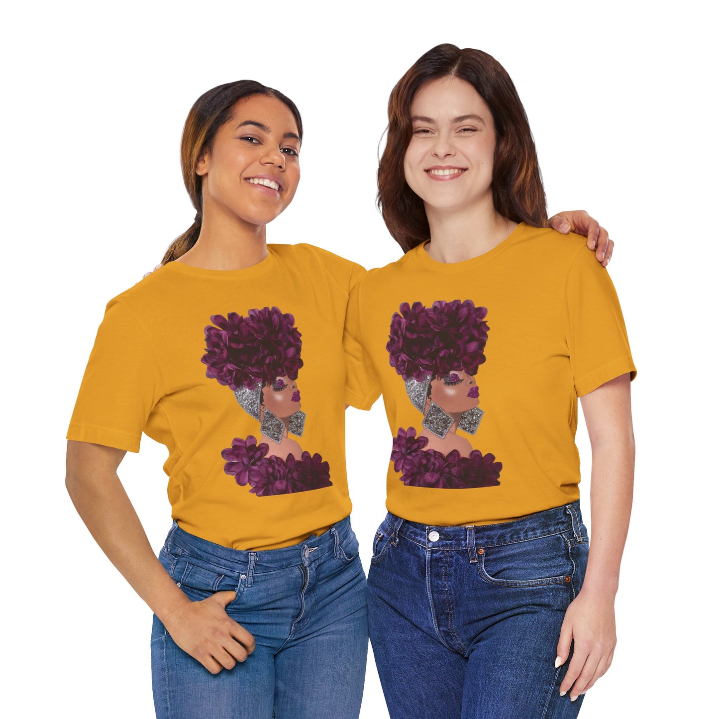 Floral Crown Fashion Tee — Glam Portrait Shirt with Purple Bloom Design