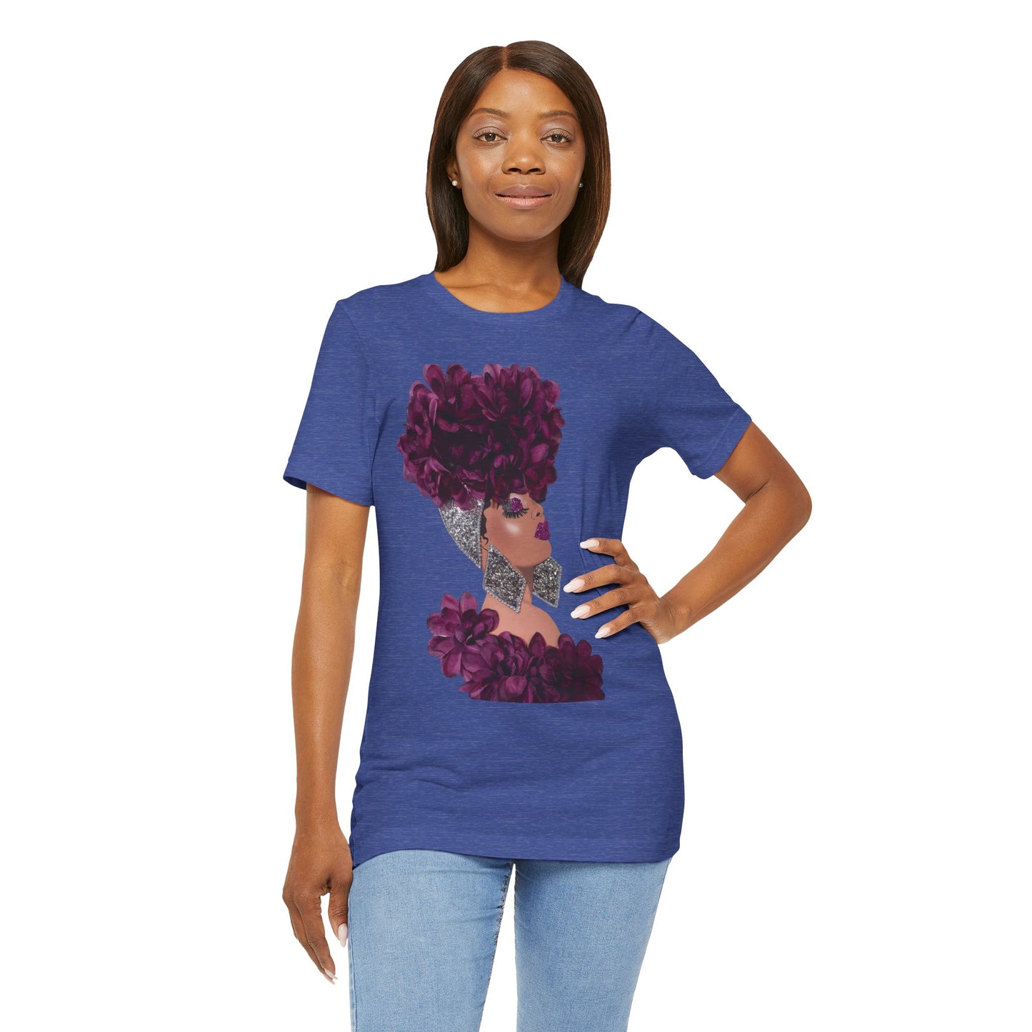 Floral Crown Fashion Tee — Glam Portrait Shirt with Purple Bloom Design