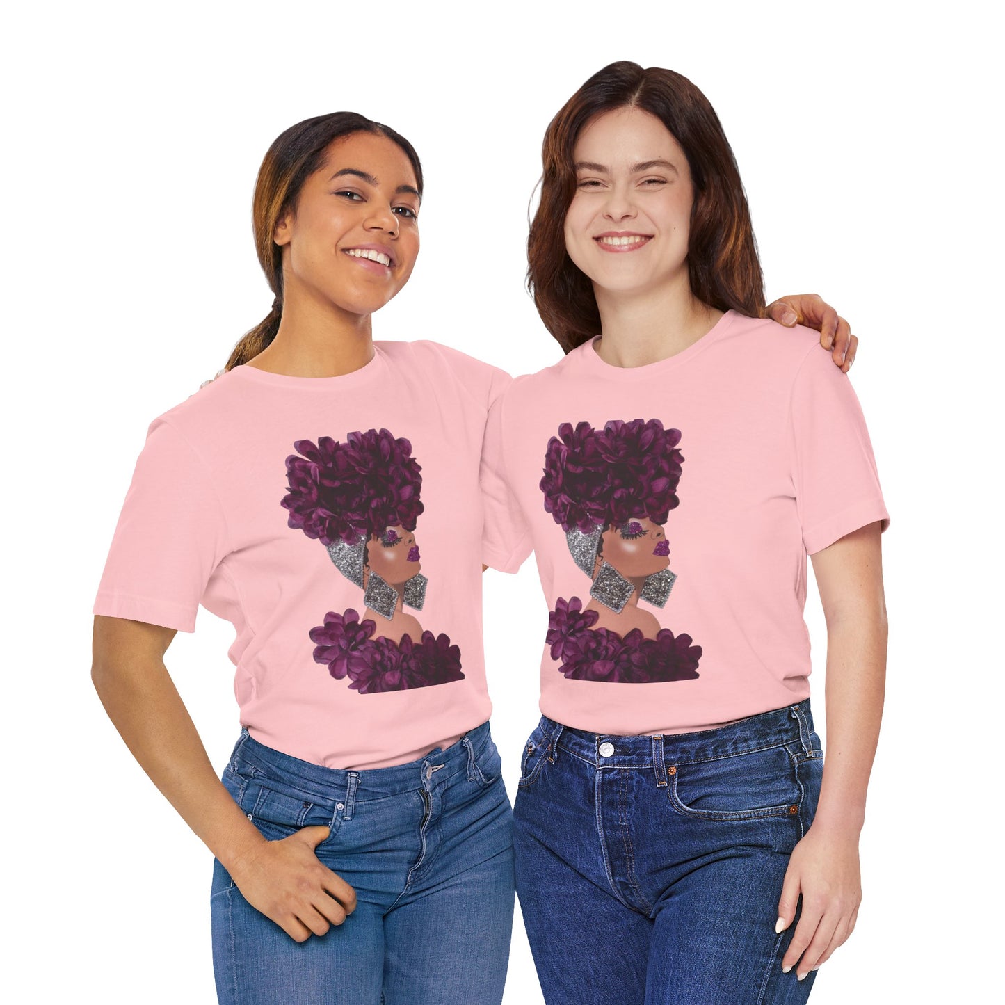 Floral Crown Fashion Tee — Glam Portrait Shirt with Purple Bloom Design