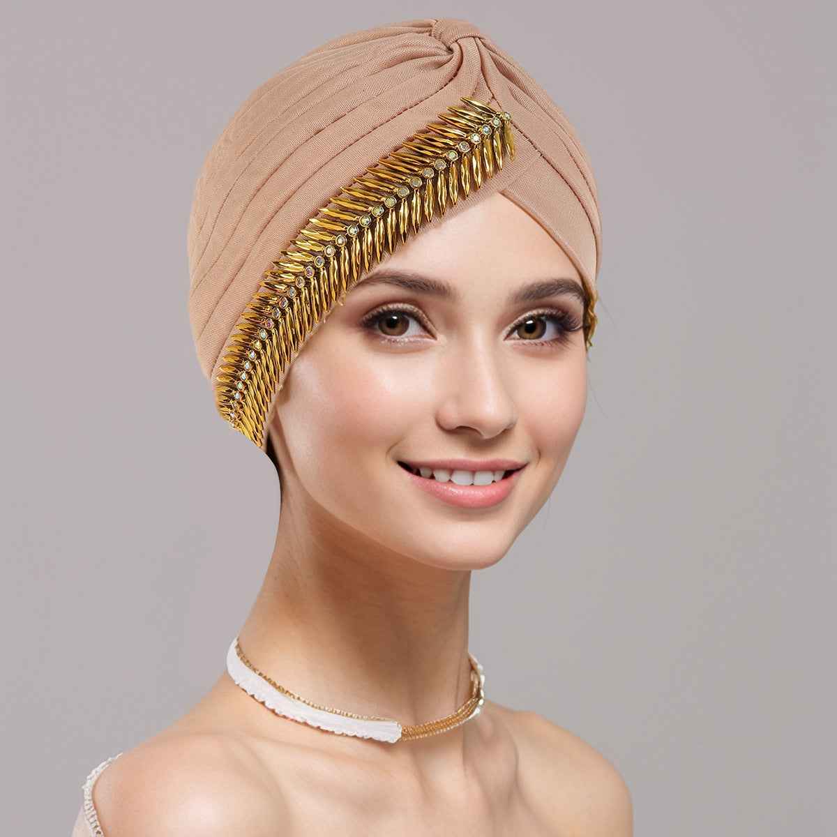 Rhinestone Pleated Turban Cap for Women – Elastic Head Wrap, Ramadan Hijab, Chemo & Wedding Headscarft