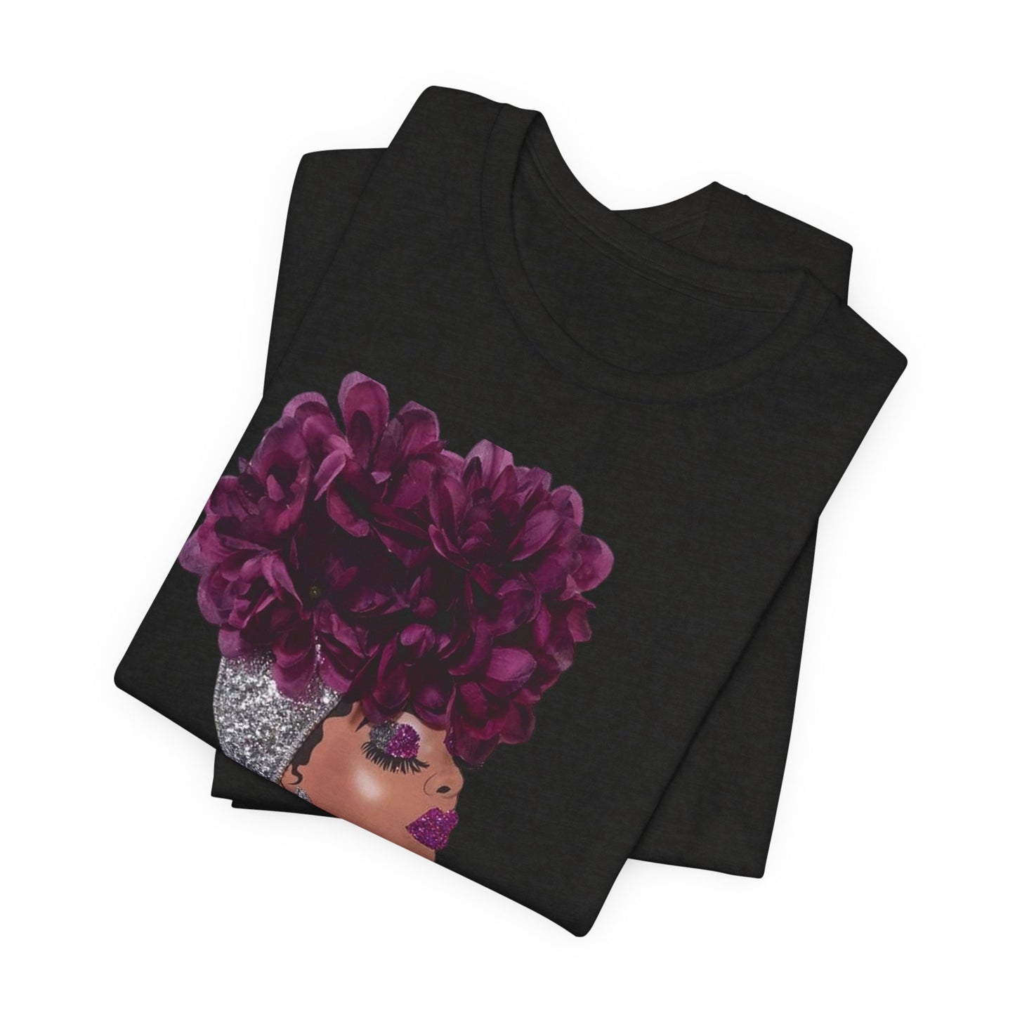 Floral Crown Fashion Tee — Glam Portrait Shirt with Purple Bloom Design
