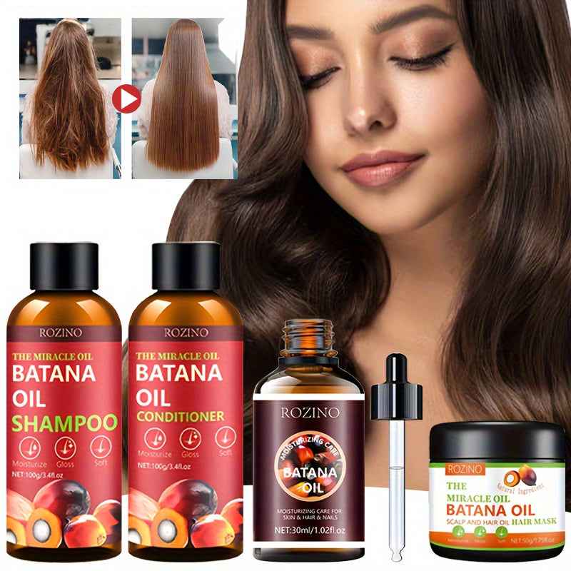 [Natural Batana Hair Care] Four Piece Batana Hair Care Set - Rich in Natural Batana Oil, Deep Cleansing, Gentle and Non Irritating, Making Hair Long-Lasting, Fragrant, Fluffy, Smooth, Hydrated, and More Shiny, Light and Easy