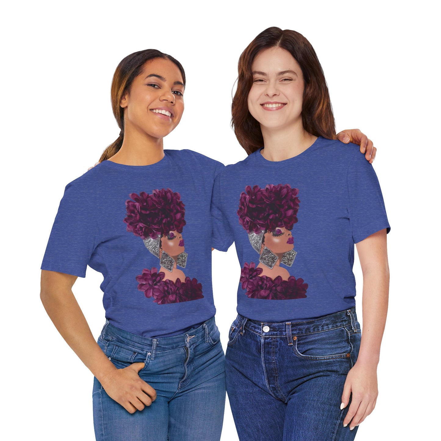 Floral Crown Fashion Tee — Glam Portrait Shirt with Purple Bloom Design