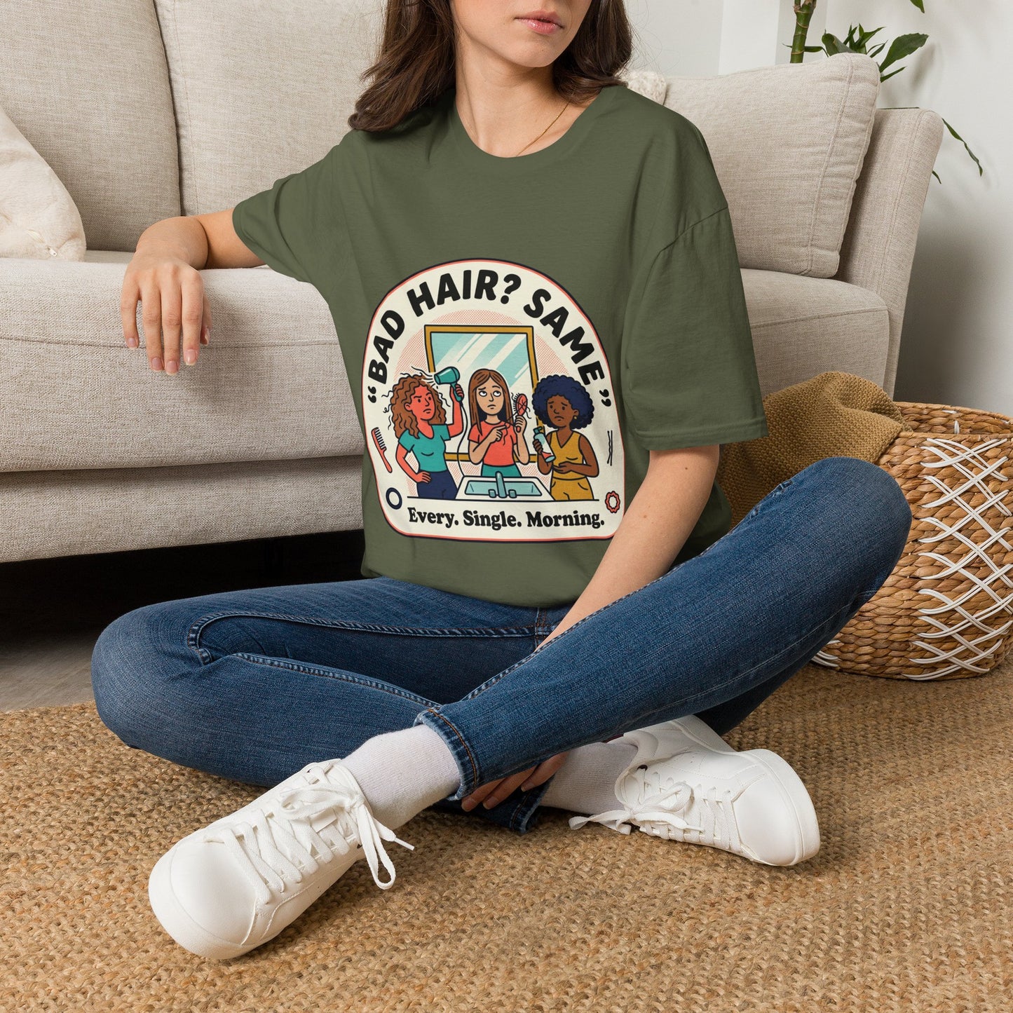 T-Shirt — "Bad Hair? Same. Every. Single. Morning." Graphic Tee for Women