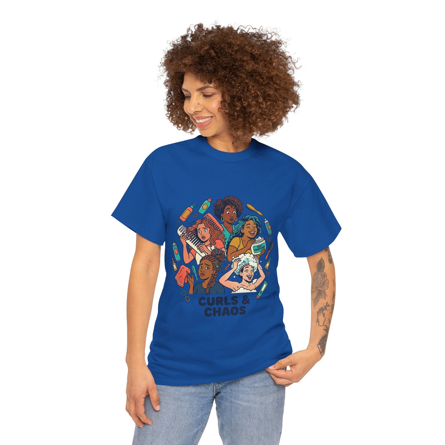 Curls & Chaos T-Shirt — Diverse Natural Hair Graphic Tee for Curly Hair Lovers