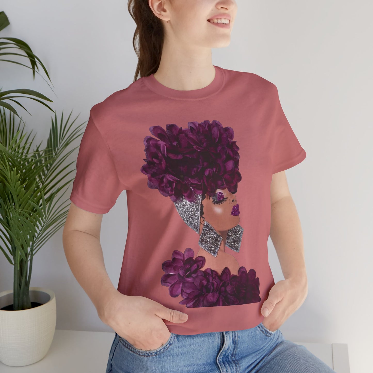 Floral Crown Fashion Tee — Glam Portrait Shirt with Purple Bloom Design