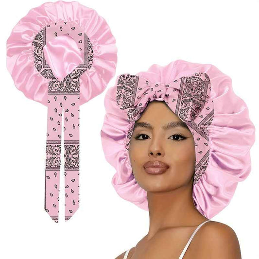 [Bohemian Bonnet] 1pc Soft Polyester Bohemian Style Adjustable Satin Bonnet | Long Ribbons, Sleep Cap, Fashionable Hair Care Bath Hat | No Fragrance