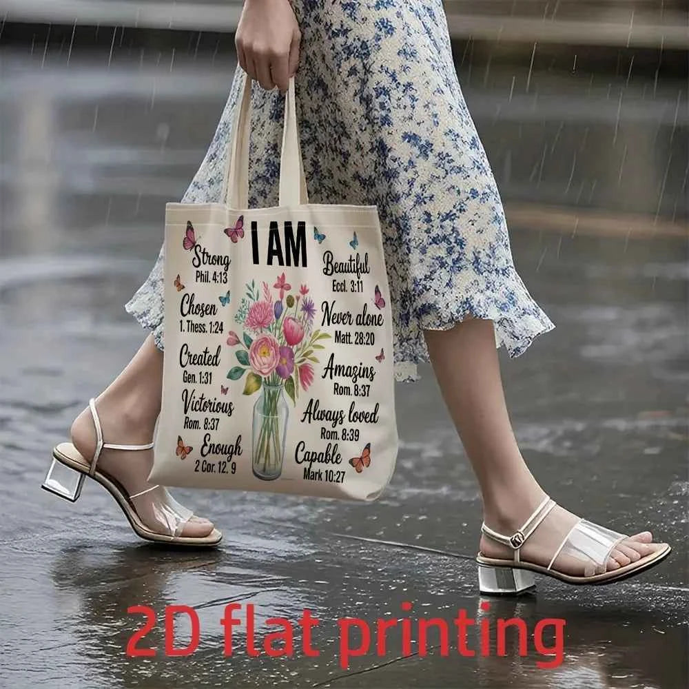 1 Piece Christian Faith and Self-Affirmation Themed Floral Canvas Shoulder Bag, Lightweight Foldable Storage Tote Bag, Reusable Shopping Bag with Fixed Shoulder Strap, Perfect Gift for Commuting, Travel, Shopping, School, and