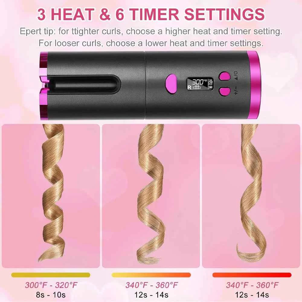 Auto Rotating Cordless Hair Curler Portable Adjustable Temp Time Fast Heat Curling Iron for Travel Home