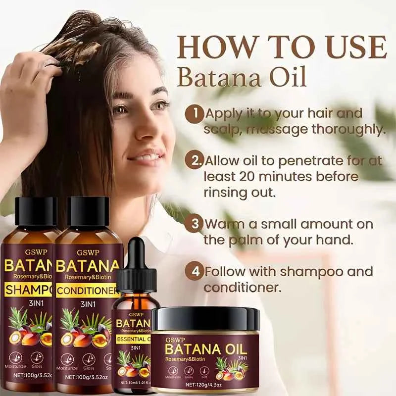GSWP Batana Oil Shampoo, Conditioner, Hair Cream, and Hair Oil 4-Piece Set. Gently cleanses, deeply moisturizes.320g+30ml