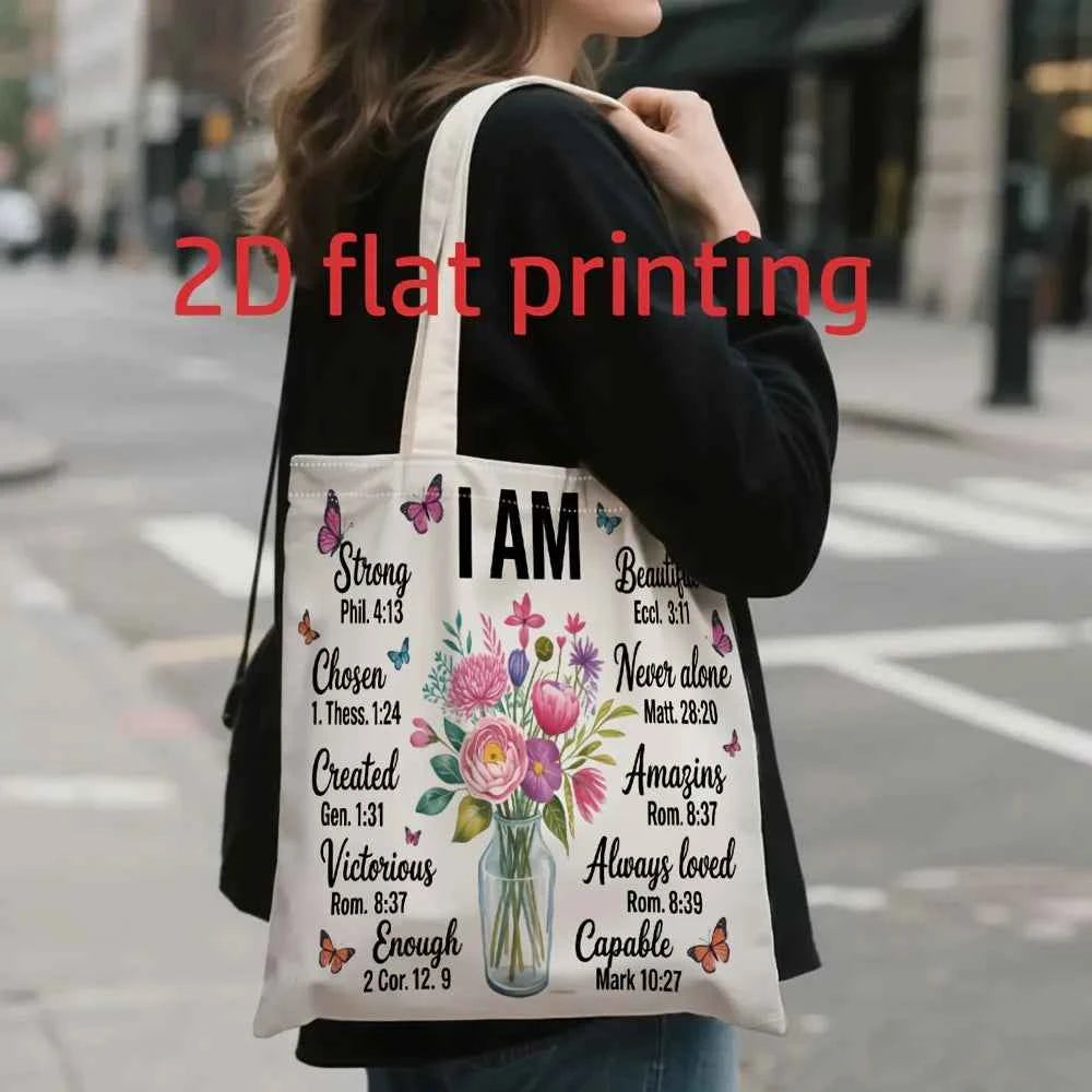 1 Piece Christian Faith and Self-Affirmation Themed Floral Canvas Shoulder Bag, Lightweight Foldable Storage Tote Bag, Reusable Shopping Bag with Fixed Shoulder Strap, Perfect Gift for Commuting, Travel, Shopping, School, and