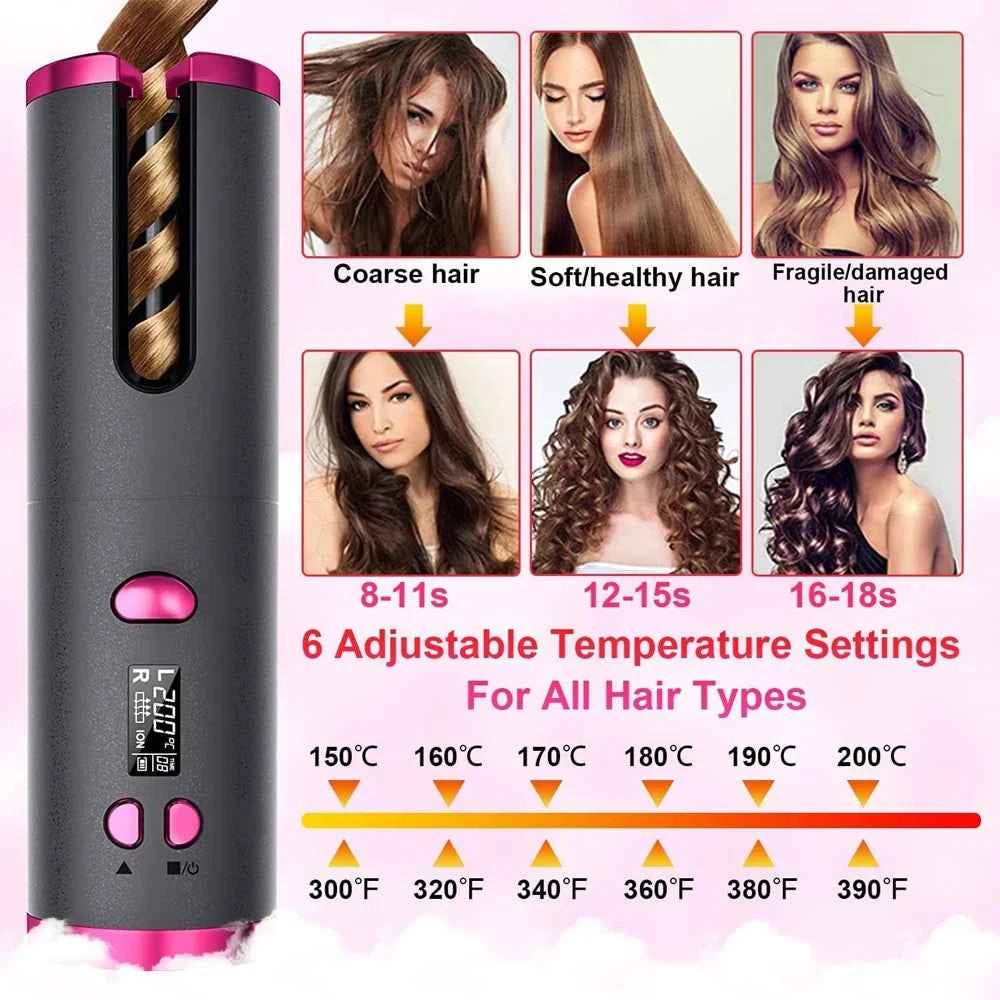 Auto Rotating Cordless Hair Curler Portable Adjustable Temp Time Fast Heat Curling Iron for Travel Home