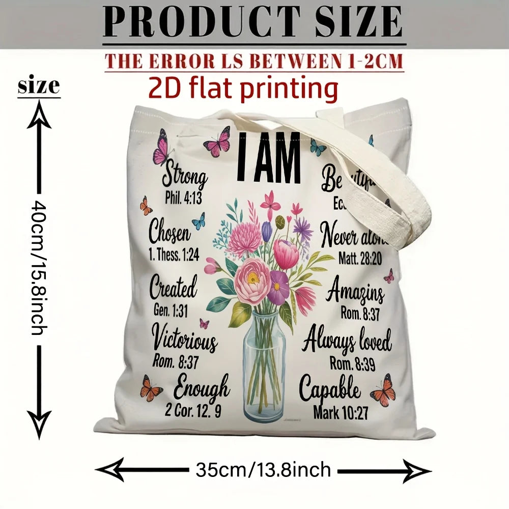 1 Piece Christian Faith and Self-Affirmation Themed Floral Canvas Shoulder Bag, Lightweight Foldable Storage Tote Bag, Reusable Shopping Bag with Fixed Shoulder Strap, Perfect Gift for Commuting, Travel, Shopping, School, and
