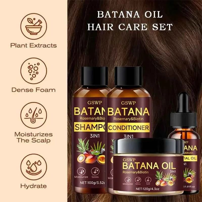 GSWP Batana Oil Shampoo, Conditioner, Hair Cream, and Hair Oil 4-Piece Set. Gently cleanses, deeply moisturizes.320g+30ml
