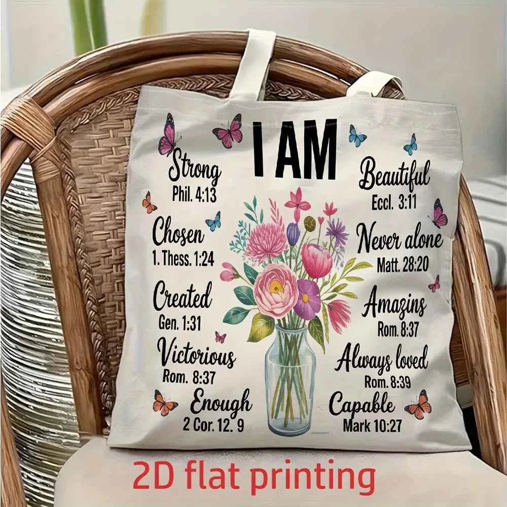1 Piece Christian Faith and Self-Affirmation Themed Floral Canvas Shoulder Bag, Lightweight Foldable Storage Tote Bag, Reusable Shopping Bag with Fixed Shoulder Strap, Perfect Gift for Commuting, Travel, Shopping, School, and
