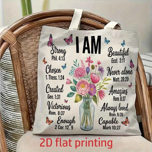 1 Piece Christian Faith and Self-Affirmation Themed Floral Canvas Shoulder Bag, Lightweight Foldable Storage Tote Bag, Reusable Shopping Bag with Fixed Shoulder Strap, Perfect Gift for Commuting, Travel, Shopping, School, and
