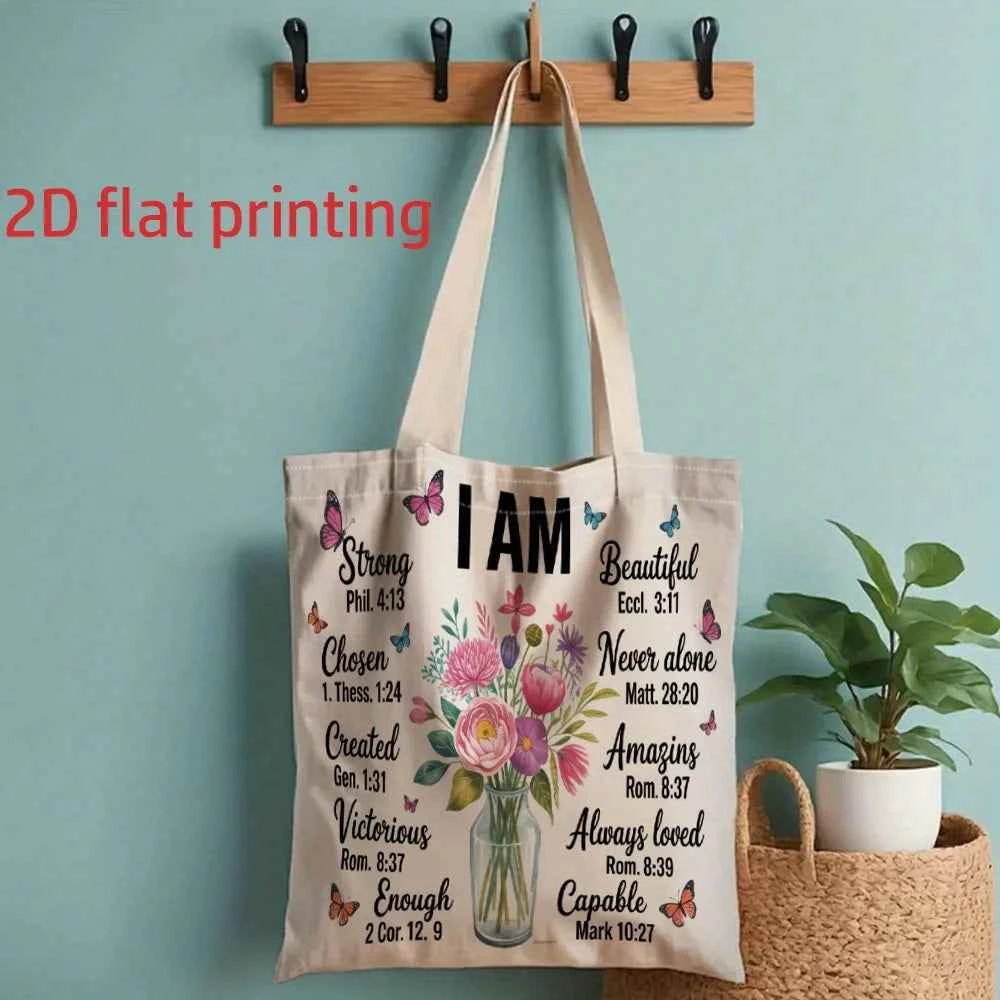 1 Piece Christian Faith and Self-Affirmation Themed Floral Canvas Shoulder Bag, Lightweight Foldable Storage Tote Bag, Reusable Shopping Bag with Fixed Shoulder Strap, Perfect Gift for Commuting, Travel, Shopping, School, and