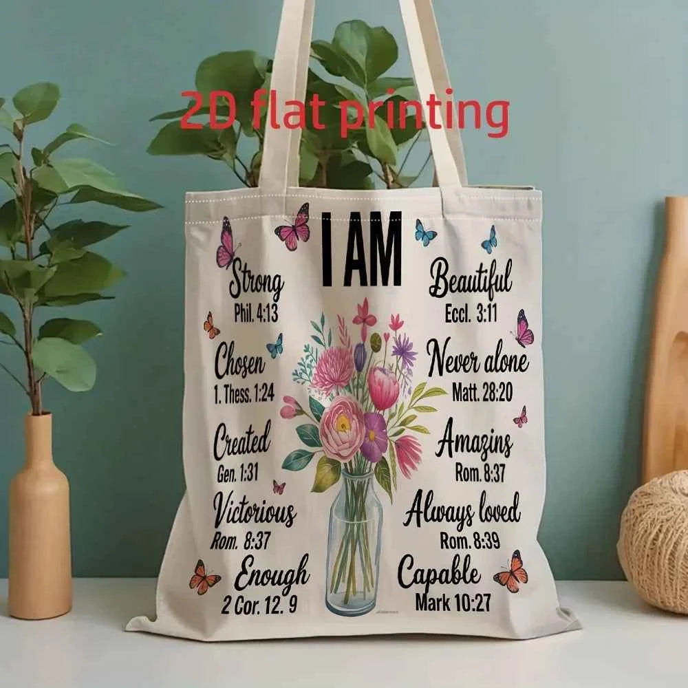 1 Piece Christian Faith and Self-Affirmation Themed Floral Canvas Shoulder Bag, Lightweight Foldable Storage Tote Bag, Reusable Shopping Bag with Fixed Shoulder Strap, Perfect Gift for Commuting, Travel, Shopping, School, and