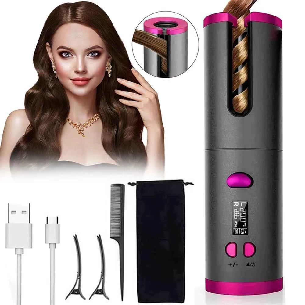 Auto Rotating Cordless Hair Curler Portable Adjustable Temp Time Fast Heat Curling Iron for Travel Home