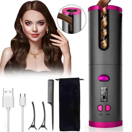 Auto Rotating Cordless Hair Curler Portable Adjustable Temp Time Fast Heat Curling Iron for Travel Home