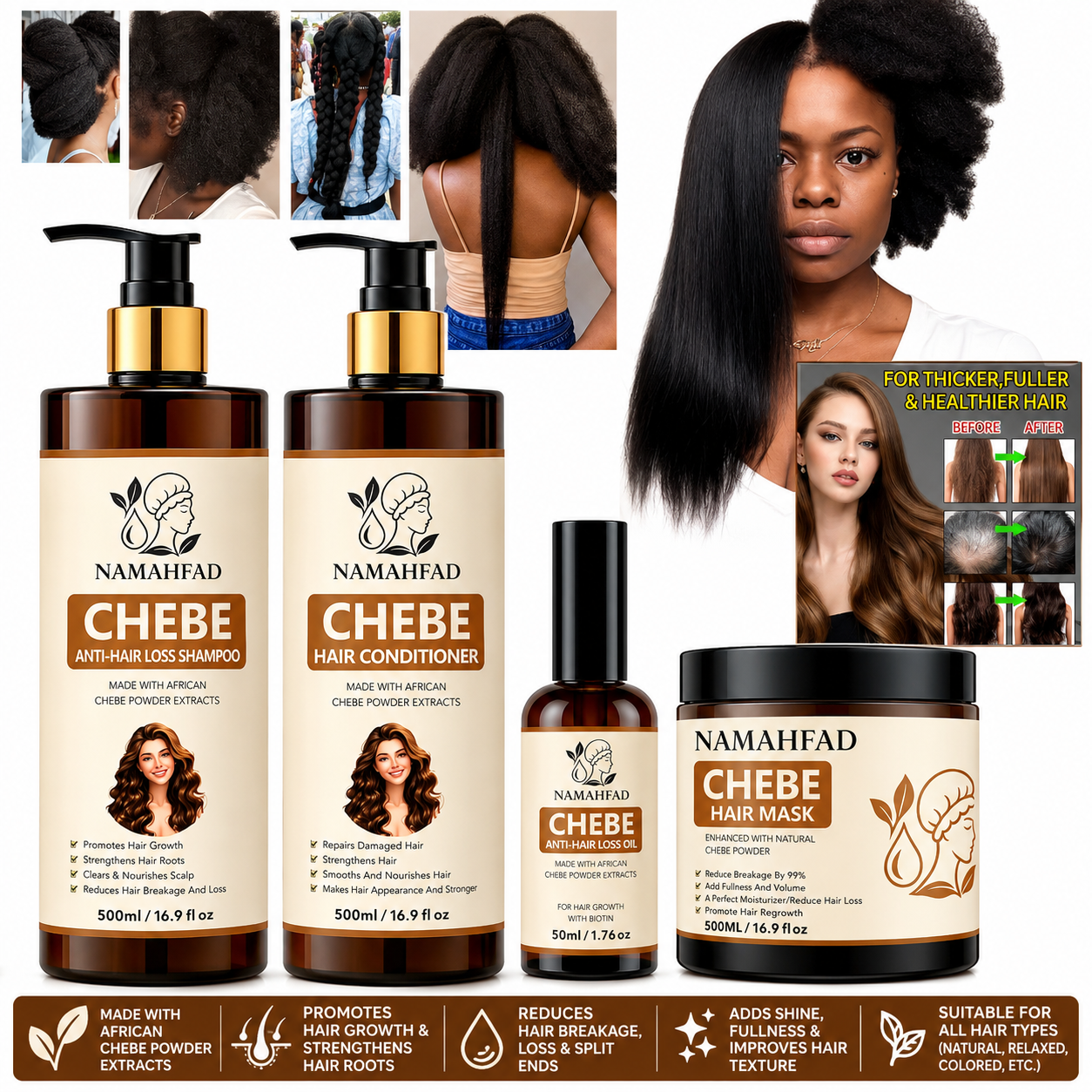 Namahfad Chebe Hair Set with Satin Bonnet | Hydration & Breakage Repair