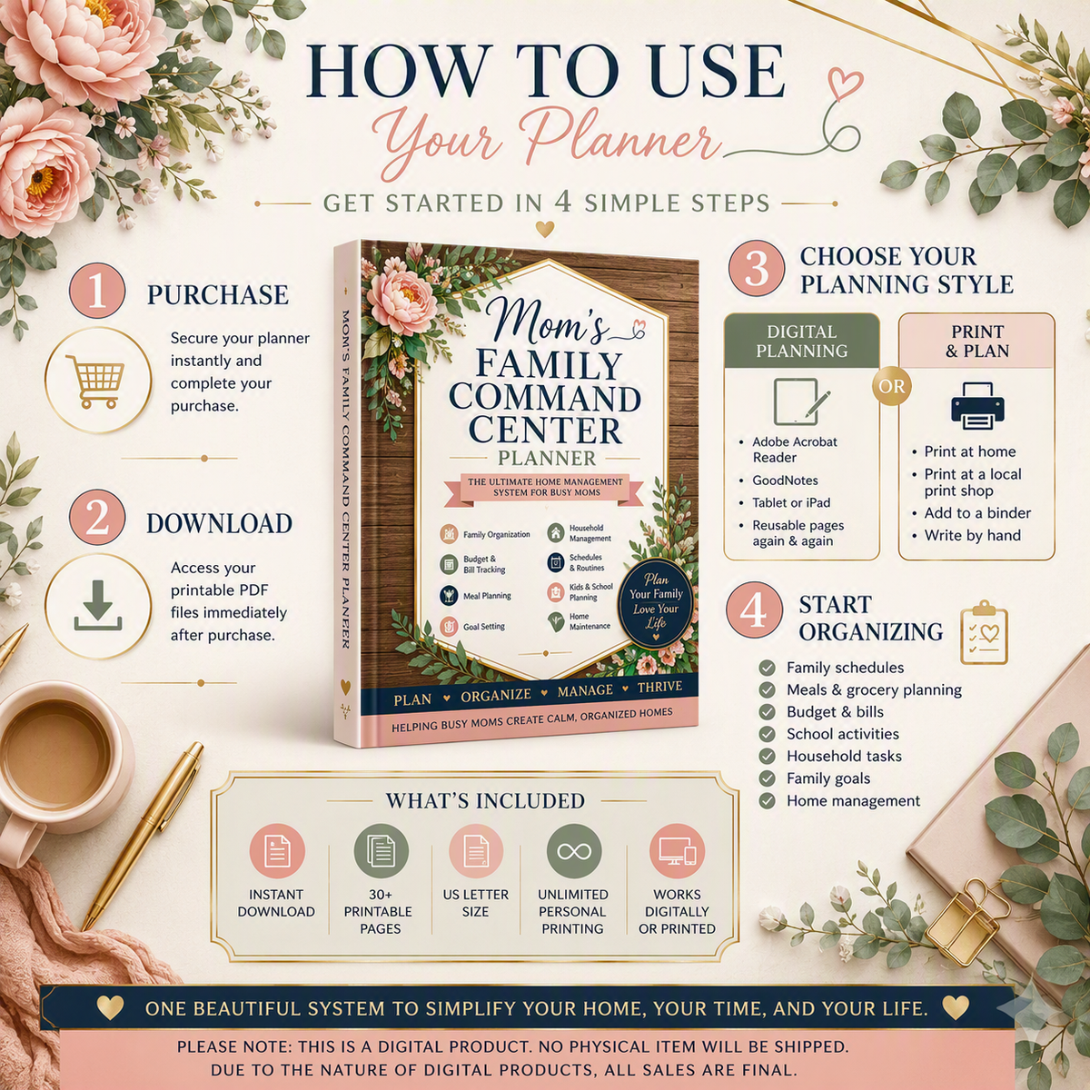 Mom's Family Command Center Planner | Family Organizer Binder | Household Management Planner | Budget, Meal & Home Planning | Printable PDF
