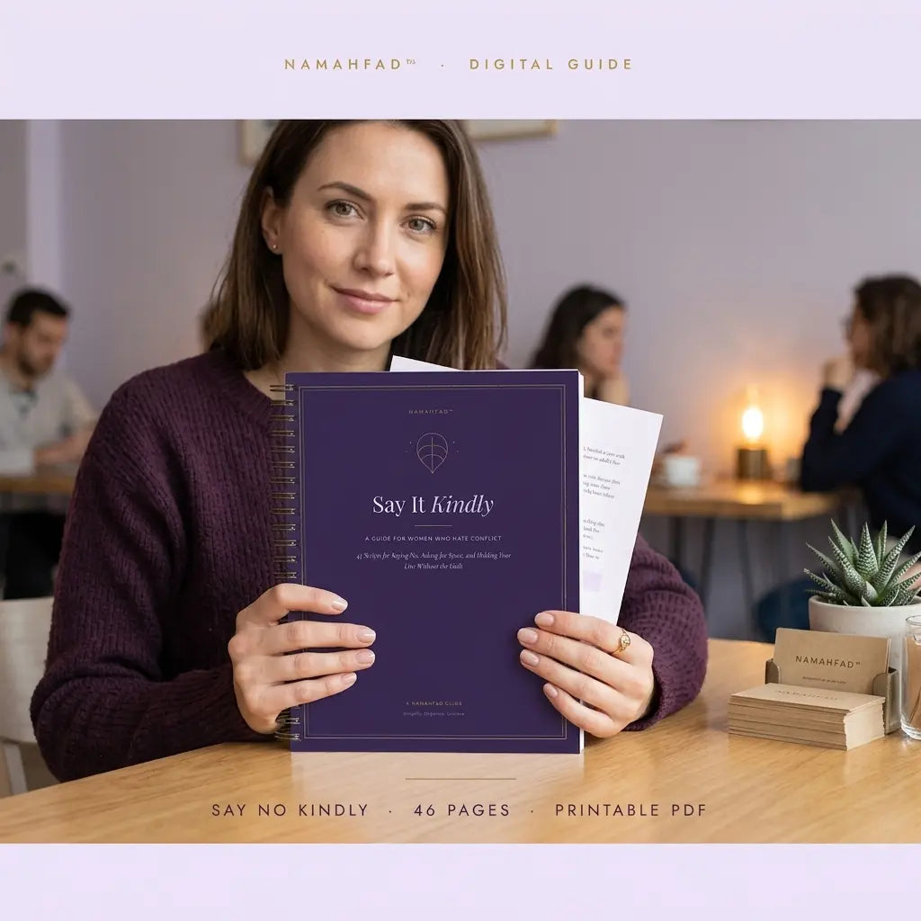 A woman seated at a wooden table holds a dark purple spiral-bound booklet titled 'Say It Kindly' in front of her. The scene is a softly lit indoor environment with blurred people in the background.