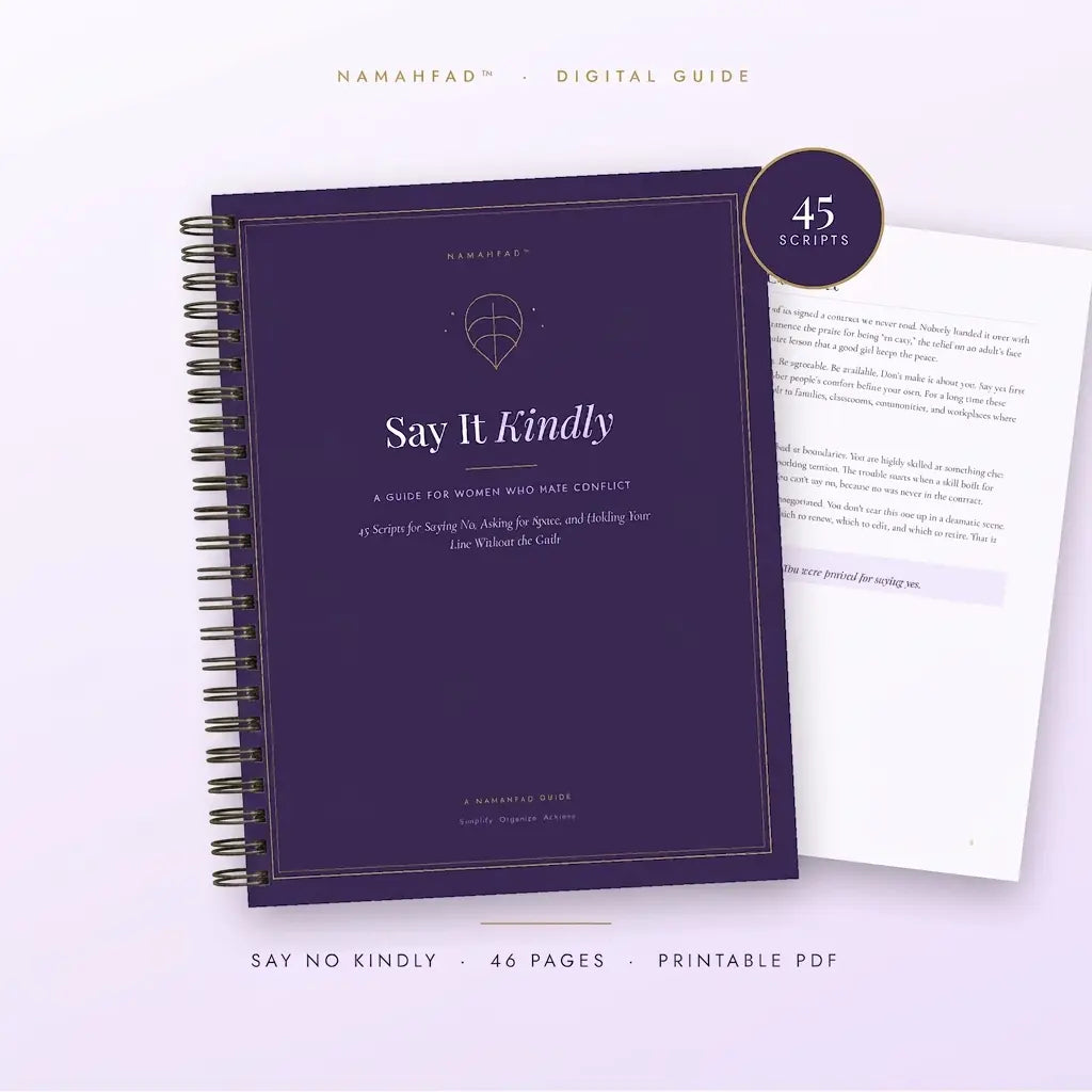 Digital guide cover for 'Say It Kindly' by Namah Fad, featuring a dark purple cover with gold border details and an open page showing text content, presented on a light lavender background with promotional text.