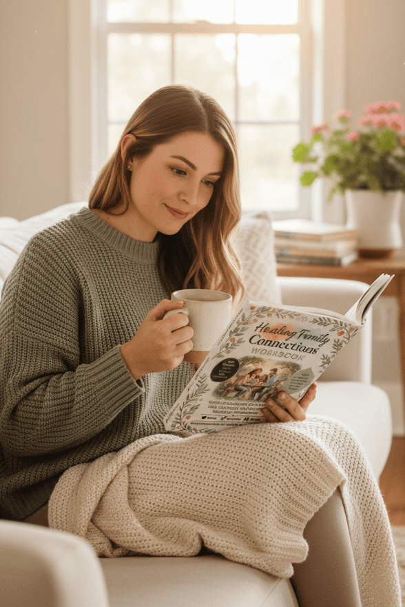 Person relaxing on sofa reading the family connections workbook with coffee in hand