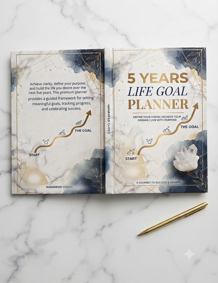 A 5 Years Life Goal Planner shown in two views: the front cover on the right displays '5 YEARS LIFE GOAL PLANNER' in gold and navy text over a marble background with a gold arrow, and the back cover on the left shows a goal-setting flowchart. The planner is displayed on a white marble surface next to a gold pen.