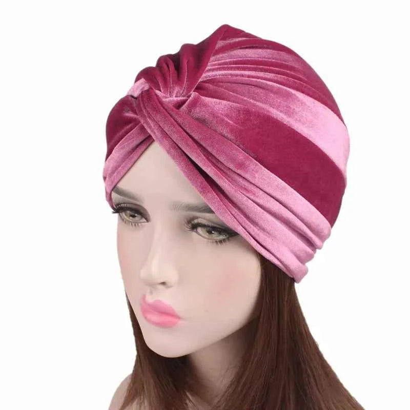 Soft Velvet Stretchy Turban Bonnet Muslim Winter Warm Hat Forehead Cross Hijab Caps Female Underscarf Cap Indian Hat Turbante
